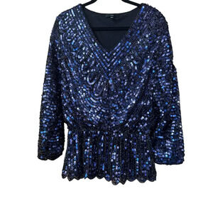 FATE Navy fully sequined and beaded peplum shirt elegant holiday M